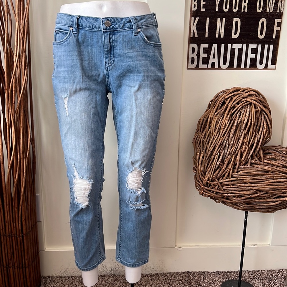 Jennifer Lopez Distressed Wash Boyfriend Jeans With Rhinestone Embellishment